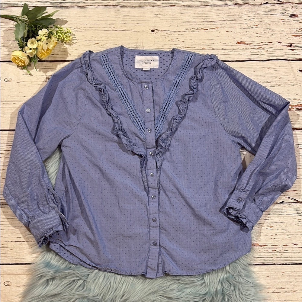 The Shirt Rochelle Behrens Stripe Ruffle Trim Button Front Blouse